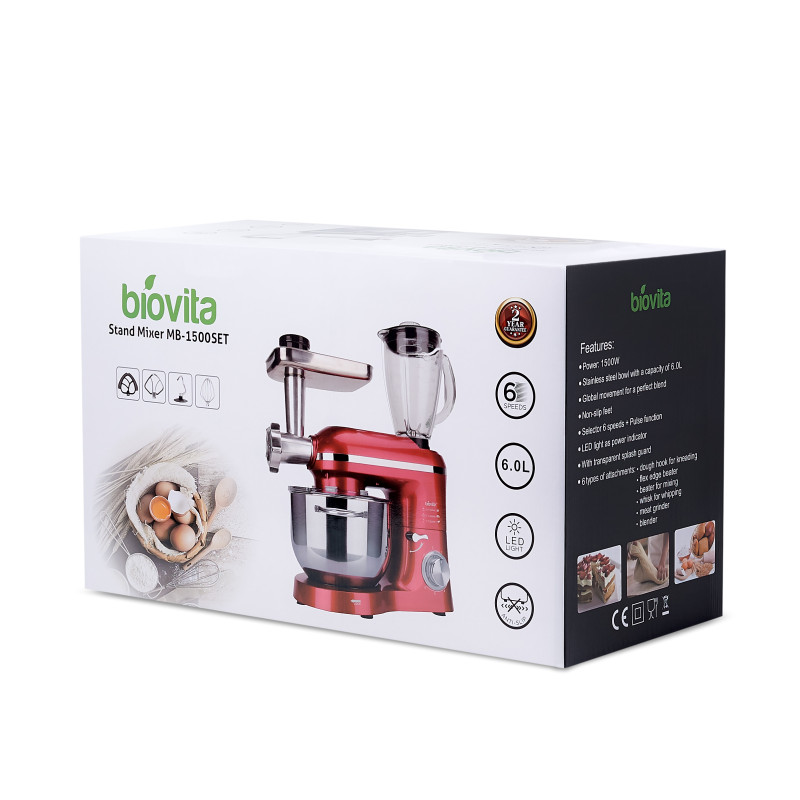 Mixer cu bol de 6L din inox, 1500W, cu tocător și blender, Roșu