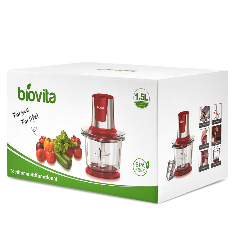 Tocător pentru alimente, 500W, 1.5 Litri, Biovita Storm, Rosu