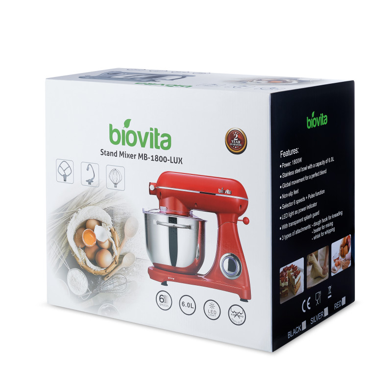 Mixer cu bol de 6L din inox,1800W, din Aluminiu, Rosu
