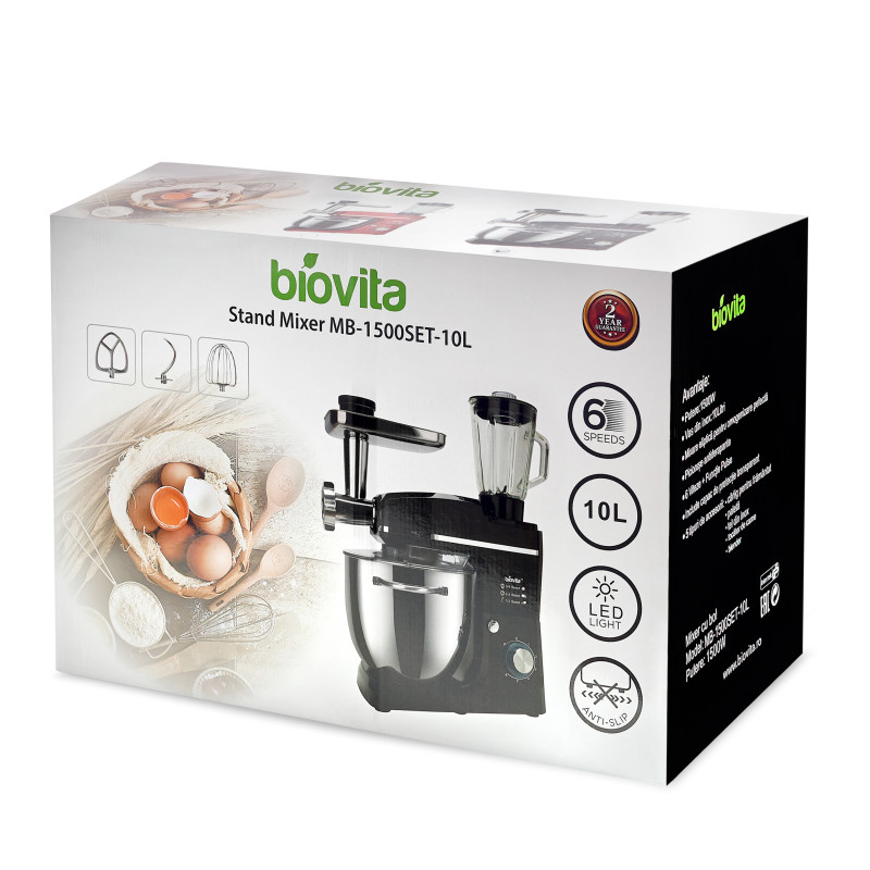 Mixer cu bol de 10L din inox, putere 1500W, cu tocător și blender, Negru