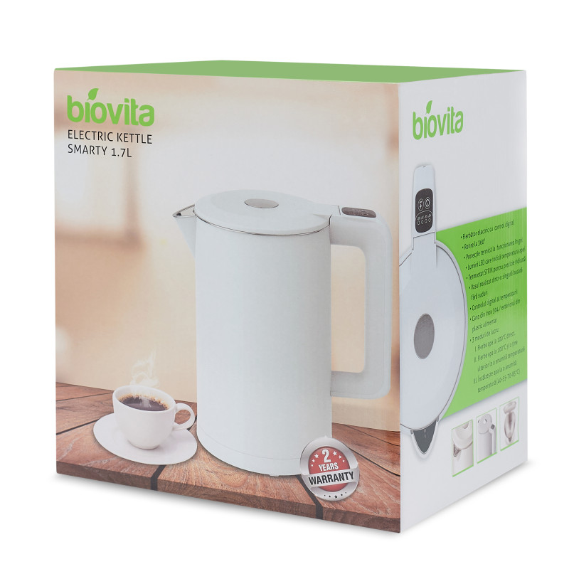 Fierbător electric din inox Biovita Smarty, 2200W, 1.7L, Alb